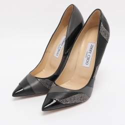 Pre Owned Jimmy Choo Black/Grey Leather and Suede Embellished Pointed Toe Pumps Size 38