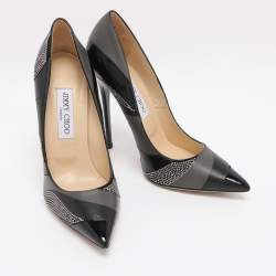 Pre Owned Jimmy Choo Black/Grey Leather and Suede Embellished Pointed Toe Pumps Size 38