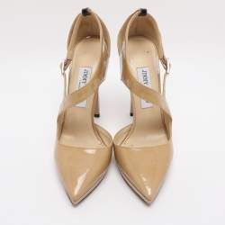 Pre Owned Jimmy Choo Beige Patent Leather Ankle Strap Pumps Size 38