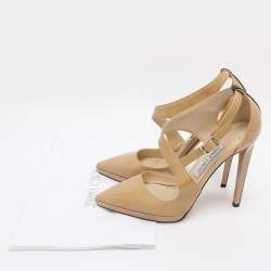Pre Owned Jimmy Choo Beige Patent Leather Ankle Strap Pumps Size 38