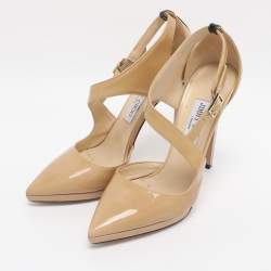 Pre Owned Jimmy Choo Beige Patent Leather Ankle Strap Pumps Size 38