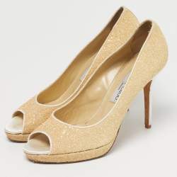 Pre Owned Jimmy Choo Beige Glitter Dahlia Peep Toe Pumps Size 40