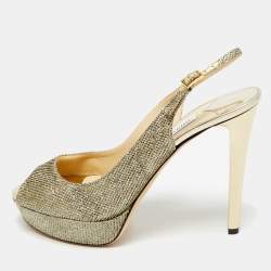 Pre Owned Jimmy Choo Gold Glitter Accents Peep Toe Slingback Pumps Size 40