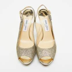Pre Owned Jimmy Choo Gold Glitter Accents Peep Toe Slingback Pumps Size 40