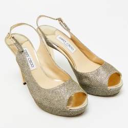 Pre Owned Jimmy Choo Gold Glitter Accents Peep Toe Slingback Pumps Size 40
