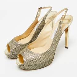 Pre Owned Jimmy Choo Gold Glitter Accents Peep Toe Slingback Pumps Size 40