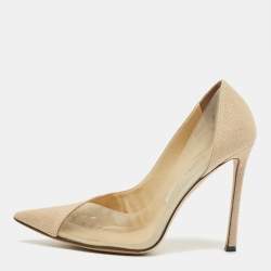 Pre Owned Jimmy Choo Beige Linen and PVC Cass Pointed Toe Pumps Size 37