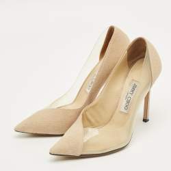 Pre Owned Jimmy Choo Beige Linen and PVC Cass Pointed Toe Pumps Size 37