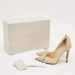 Pre Owned Jimmy Choo Beige Linen and PVC Cass Pointed Toe Pumps Size 37