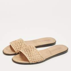 Pre Owned Jimmy Choo Beige Woven Raffia and Leather Minea Flat Slide Sandals Size 41
