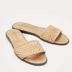 Pre Owned Jimmy Choo Beige Woven Raffia and Leather Minea Flat Slide Sandals Size 41