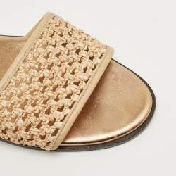 Pre Owned Jimmy Choo Beige Woven Raffia and Leather Minea Flat Slide Sandals Size 41
