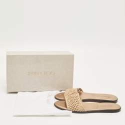 Pre Owned Jimmy Choo Beige Woven Raffia and Leather Minea Flat Slide Sandals Size 41