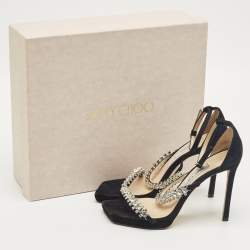 Pre Owned Jimmy Choo Black Suede Bing Crystal Ankle Strap Sandals Size 37.5