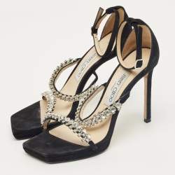Pre Owned Jimmy Choo Black Suede Bing Crystal Ankle Strap Sandals Size 37.5