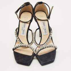 Pre Owned Jimmy Choo Black Suede Bing Crystal Ankle Strap Sandals Size 37.5