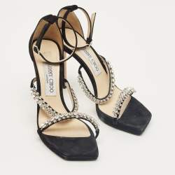 Pre Owned Jimmy Choo Black Suede Bing Crystal Ankle Strap Sandals Size 37.5