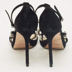 Pre Owned Jimmy Choo Black Suede Bing Crystal Ankle Strap Sandals Size 37.5