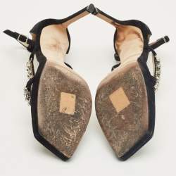 Pre Owned Jimmy Choo Black Suede Bing Crystal Ankle Strap Sandals Size 37.5