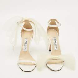 Pre Owned Jimmy Choo White Fabric Aveline Bow Ankle Strap Sandals Size 36