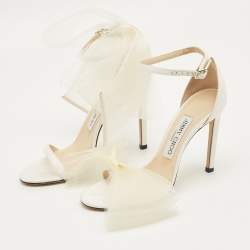 Pre Owned Jimmy Choo White Fabric Aveline Bow Ankle Strap Sandals Size 36