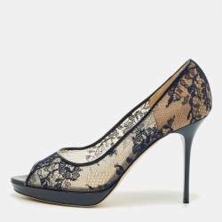 Pre Owned Jimmy Choo Navy Blue Lace and Patent Leather Luna Peep Toe Pumps Size 40