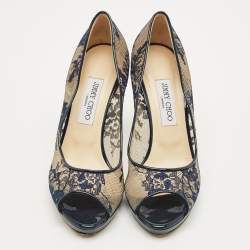 Pre Owned Jimmy Choo Navy Blue Lace and Patent Leather Luna Peep Toe Pumps Size 40