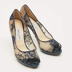Pre Owned Jimmy Choo Navy Blue Lace and Patent Leather Luna Peep Toe Pumps Size 40