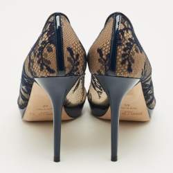 Pre Owned Jimmy Choo Navy Blue Lace and Patent Leather Luna Peep Toe Pumps Size 40