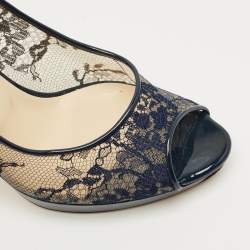 Pre Owned Jimmy Choo Navy Blue Lace and Patent Leather Luna Peep Toe Pumps Size 40
