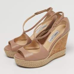 Pre Owned Jimmy Choo Pink Leather Crisscross Strap Cork  Wedge Sandals Size 39