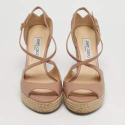 Pre Owned Jimmy Choo Pink Leather Crisscross Strap Cork  Wedge Sandals Size 39