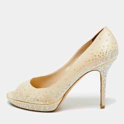 Pre Owned Jimmy Choo Beige Satin Crystal Embellished Peep Toe Pumps Size 40