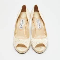 Pre Owned Jimmy Choo Beige Satin Crystal Embellished Peep Toe Pumps Size 40