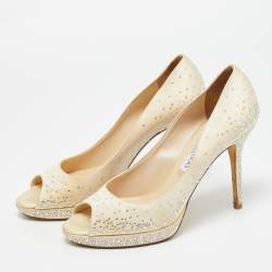 Pre Owned Jimmy Choo Beige Satin Crystal Embellished Peep Toe Pumps Size 40