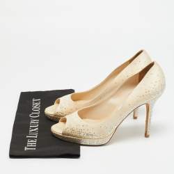 Pre Owned Jimmy Choo Beige Satin Crystal Embellished Peep Toe Pumps Size 40