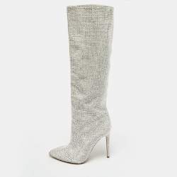 Pre Owned Jimmy Choo Grey Suede Crystals Embellished Knee Length Boots Size 39
