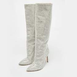 Pre Owned Jimmy Choo Grey Suede Crystals Embellished Knee Length Boots Size 39