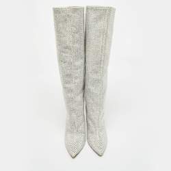 Pre Owned Jimmy Choo Grey Suede Crystals Embellished Knee Length Boots Size 39