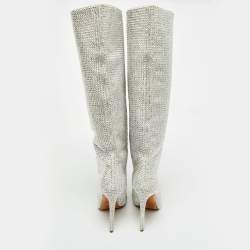 Pre Owned Jimmy Choo Grey Suede Crystals Embellished Knee Length Boots Size 39