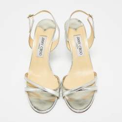 Pre Owned Jimmy Choo Silver Leather Slingback Sandals Size 38.5