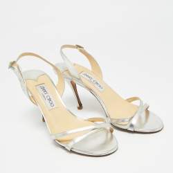 Pre Owned Jimmy Choo Silver Leather Slingback Sandals Size 38.5