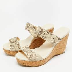 Pre Owned Jimmy Choo Off White/Grey Snakeskin Embossed Leather Cork Platform Wedge Sandals Size 39
