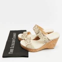 Pre Owned Jimmy Choo Off White/Grey Snakeskin Embossed Leather Cork Platform Wedge Sandals Size 39