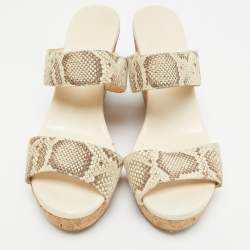Pre Owned Jimmy Choo Off White/Grey Snakeskin Embossed Leather Cork Platform Wedge Sandals Size 39