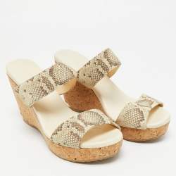 Pre Owned Jimmy Choo Off White/Grey Snakeskin Embossed Leather Cork Platform Wedge Sandals Size 39