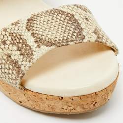 Pre Owned Jimmy Choo Off White/Grey Snakeskin Embossed Leather Cork Platform Wedge Sandals Size 39