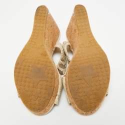 Pre Owned Jimmy Choo Off White/Grey Snakeskin Embossed Leather Cork Platform Wedge Sandals Size 39