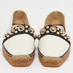 Pre Owned Jimmy Choo White/Black Canvas and Leather Studded Embellished Espadrille Flats Size 37