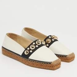 Pre Owned Jimmy Choo White/Black Canvas and Leather Studded Embellished Espadrille Flats Size 37